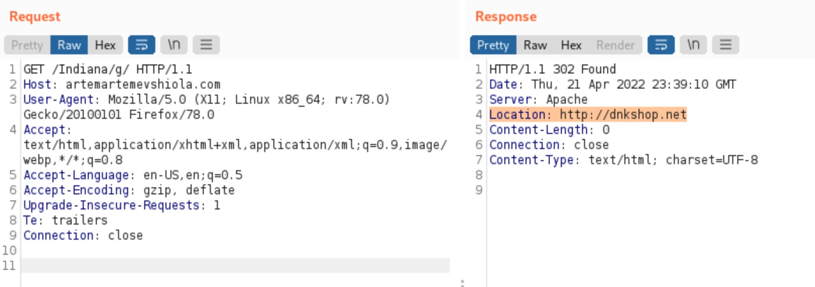 Screenshot showing a 302 URL redirection to dnk shop <dot> net