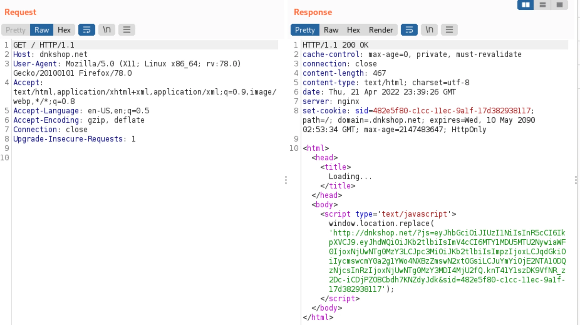 redirect to dnk shop (itself) again, but with a JWT token and sid cookie set.